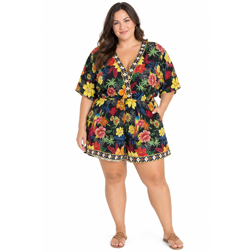 Cupshe Womens XXL Floral Romper Black V-Neck Belted Romper bohemian beach